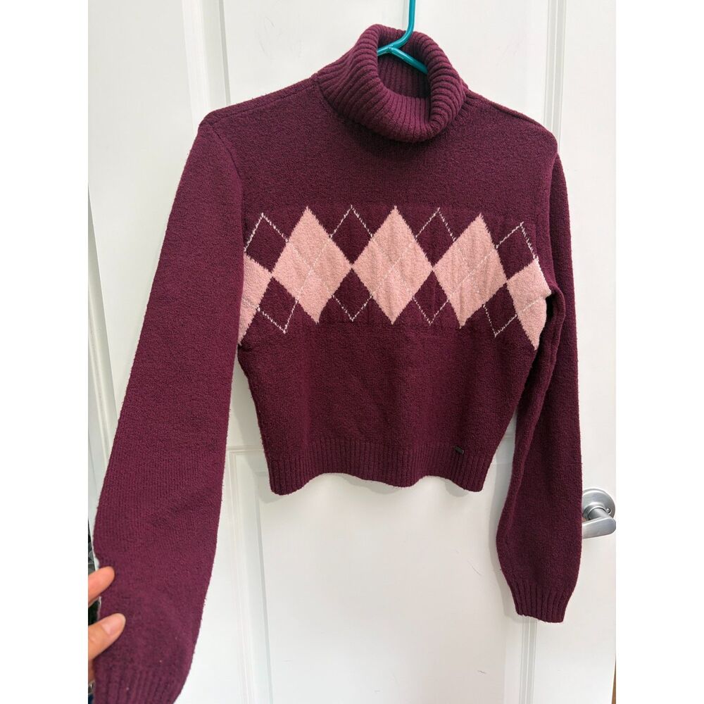 Y2K Hollister Argyle Turtleneck Sweater Womens Med Burgundy Pink Crop Knit Top